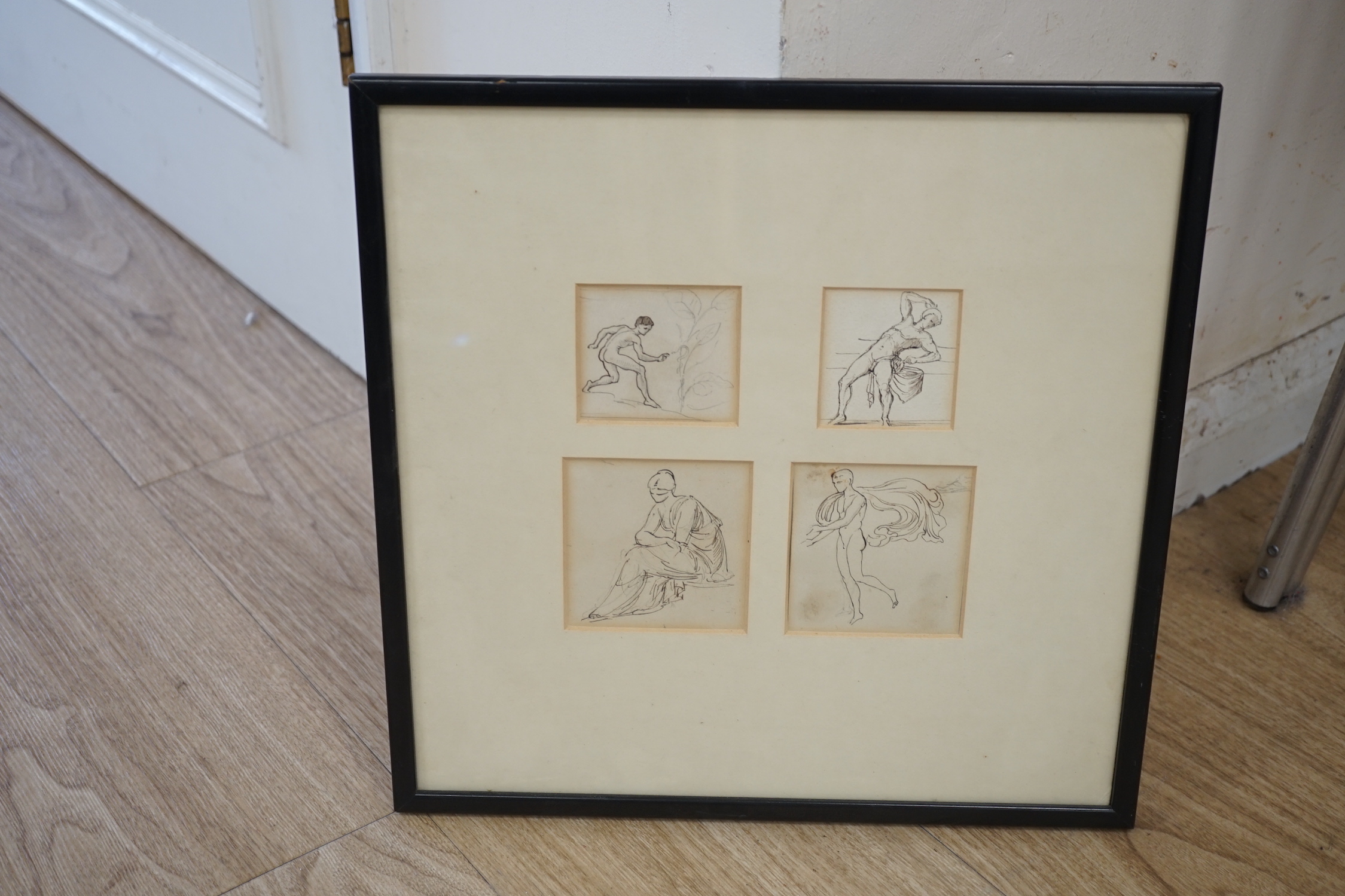 Attributed to William De Morgan (1839-1917), four pen and ink sketches of classical figures, largest 8 x 8cm, framed as one